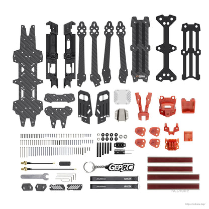 GEPRC GEP-MOZ7 V2 drone frame kit features carbon fiber, plastic parts, screws, GPS mount, tools; supports 8" props, 336mm wheelbase.
