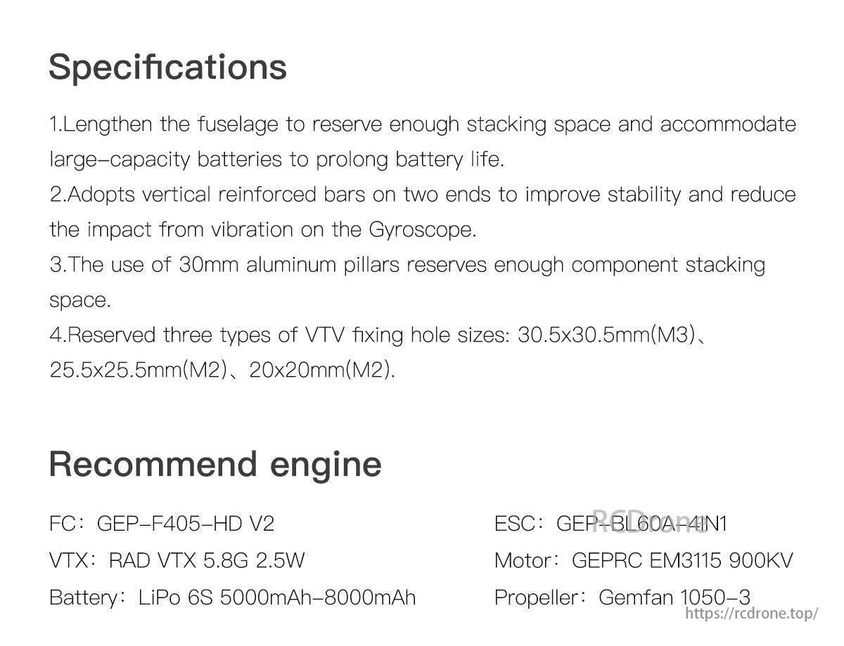 GEP Mark4 FPV Drone, The GEPRC GEP-Mark4-10 drone features a lengthened fuselage, reinforced bars, and 30mm aluminum pillars, supporting three VTV fixing hole sizes, with recommended components listed.