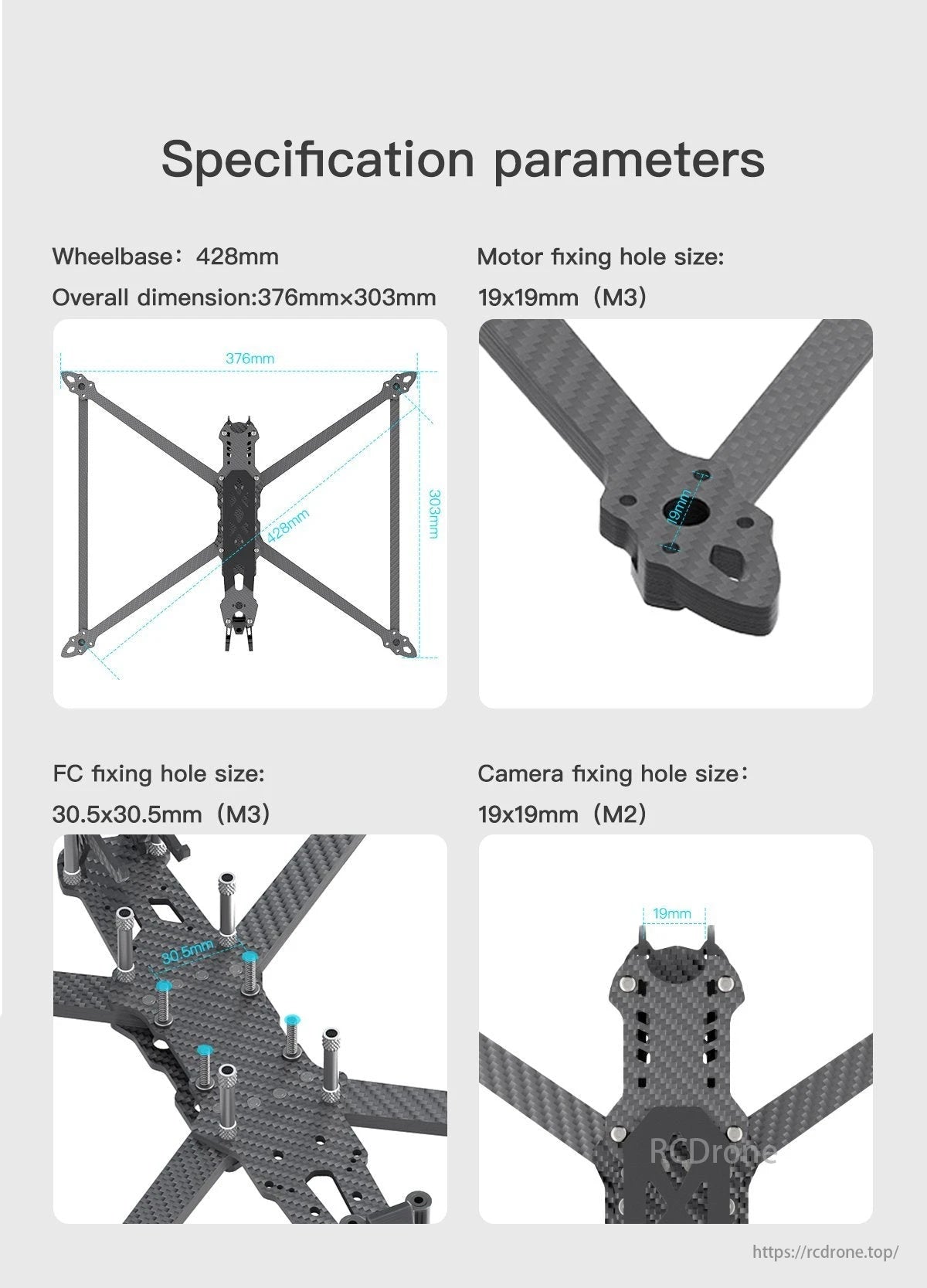 GEP Mark4 FPV Drone, The GEPRC GEP-Mark4-10 FPV drone frame features a 428mm wheelbase, 376mm x 303mm dimensions, and various fixing hole sizes for motors, FC, and camera.