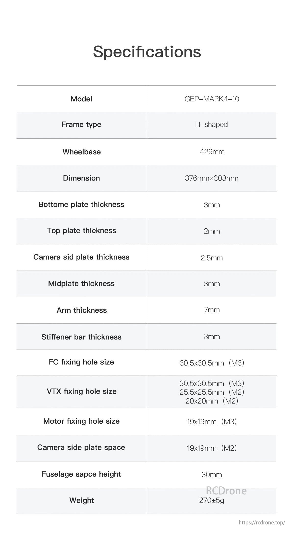GEP Mark4 FPV Drone, GEPRC GEP-Mark4-10 is an H-shaped FPV drone frame with 429mm wheelbase, various plate thicknesses, 7mm arms, and weighs 270±5g.