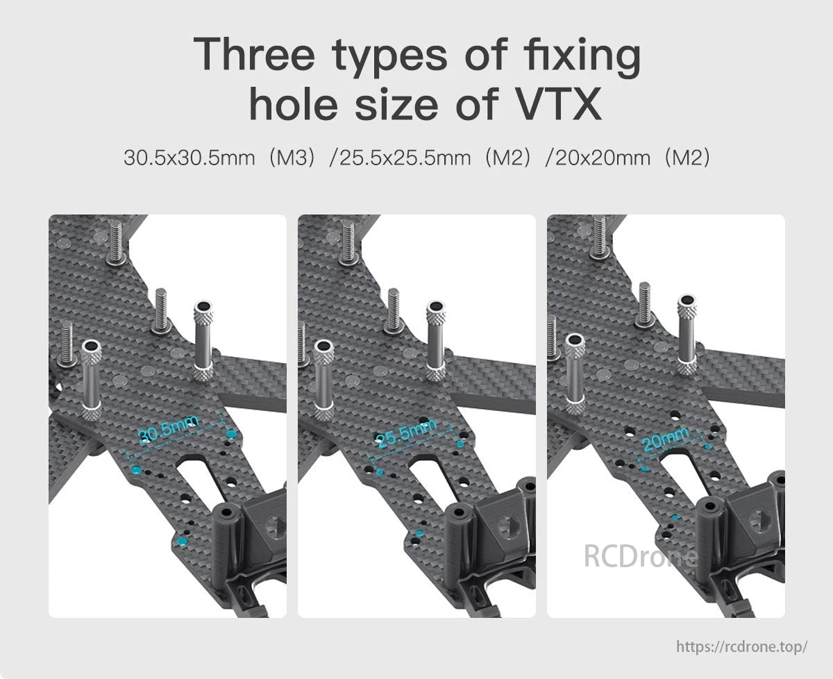 GEP Mark4 FPV Drone, VTX fixing hole sizes include 30.5x30.5mm (M3), 25.5x25.5mm (M2), and 20x20mm (M2).