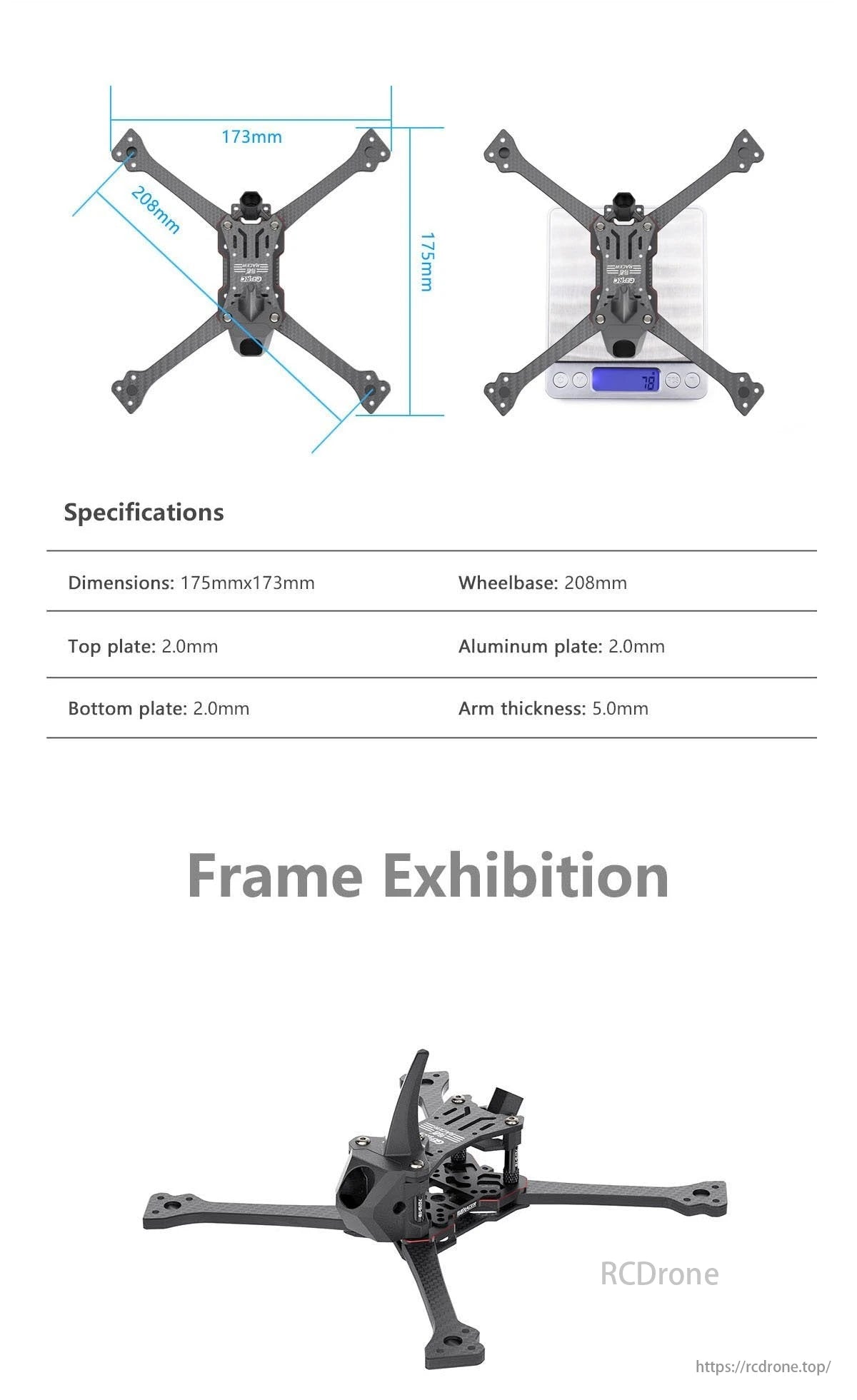 GEPRC Gep Racer FPV Drone, GEPRC GEP-Racer FPV drone frame, 208mm wheelbase, compact 175x173mm size, durable 2.0mm plates, 5.0mm arms, and 2.0mm aluminum plate, ideal for racing.