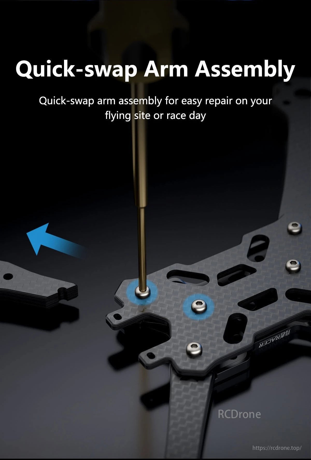 GEPRC Gep Racer FPV Drone, Quick-swap arm assembly for easy repair on flying site or race day.