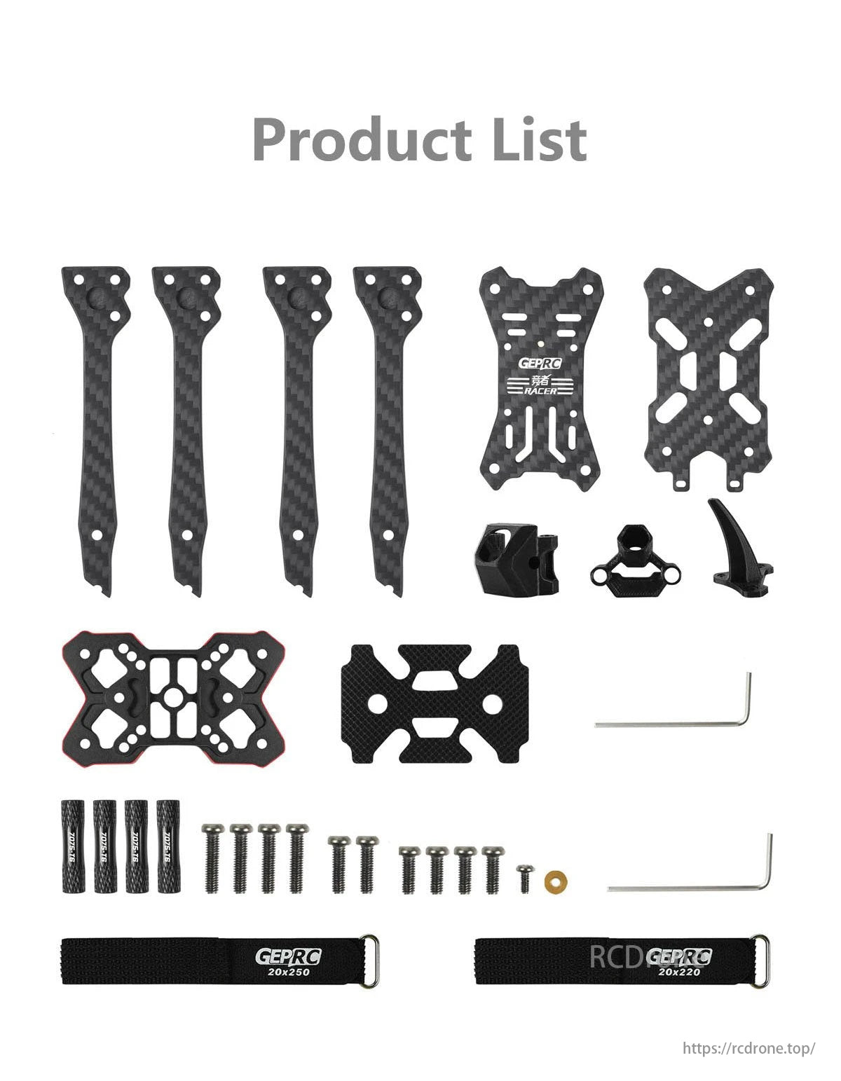 GEPRC Gep Racer FPV Drone, GEPRC GEP-Racer 208mm wheelbase 5-inch FPV drone frame components product list.