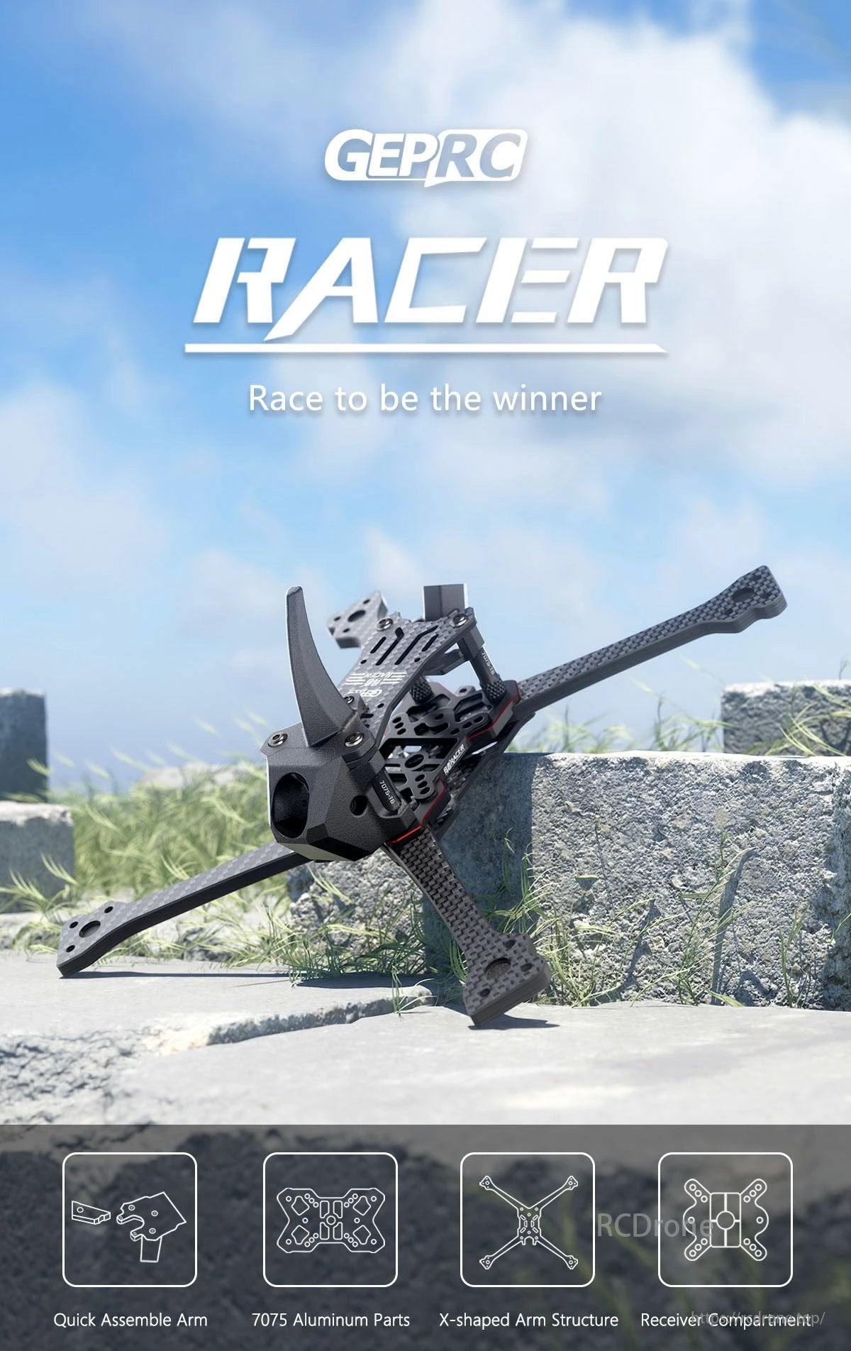 GEPRC Gep Racer FPV Drone, GEPRC RACER FPV drone frame features quick assemble arms, 7075 aluminum, X-shaped structure, and a receiver compartment for enhanced performance.