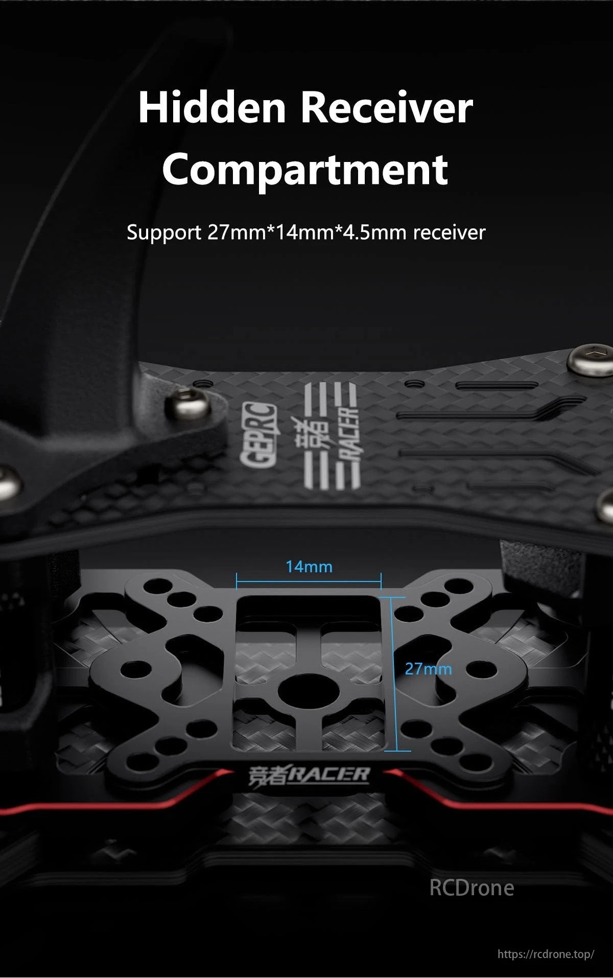 GEPRC Gep Racer FPV Drone, GEPRC GEP-Racer FPV drone frame with hidden receiver compartment, supports 27x14x4.5mm receiver, includes branding and structural details.