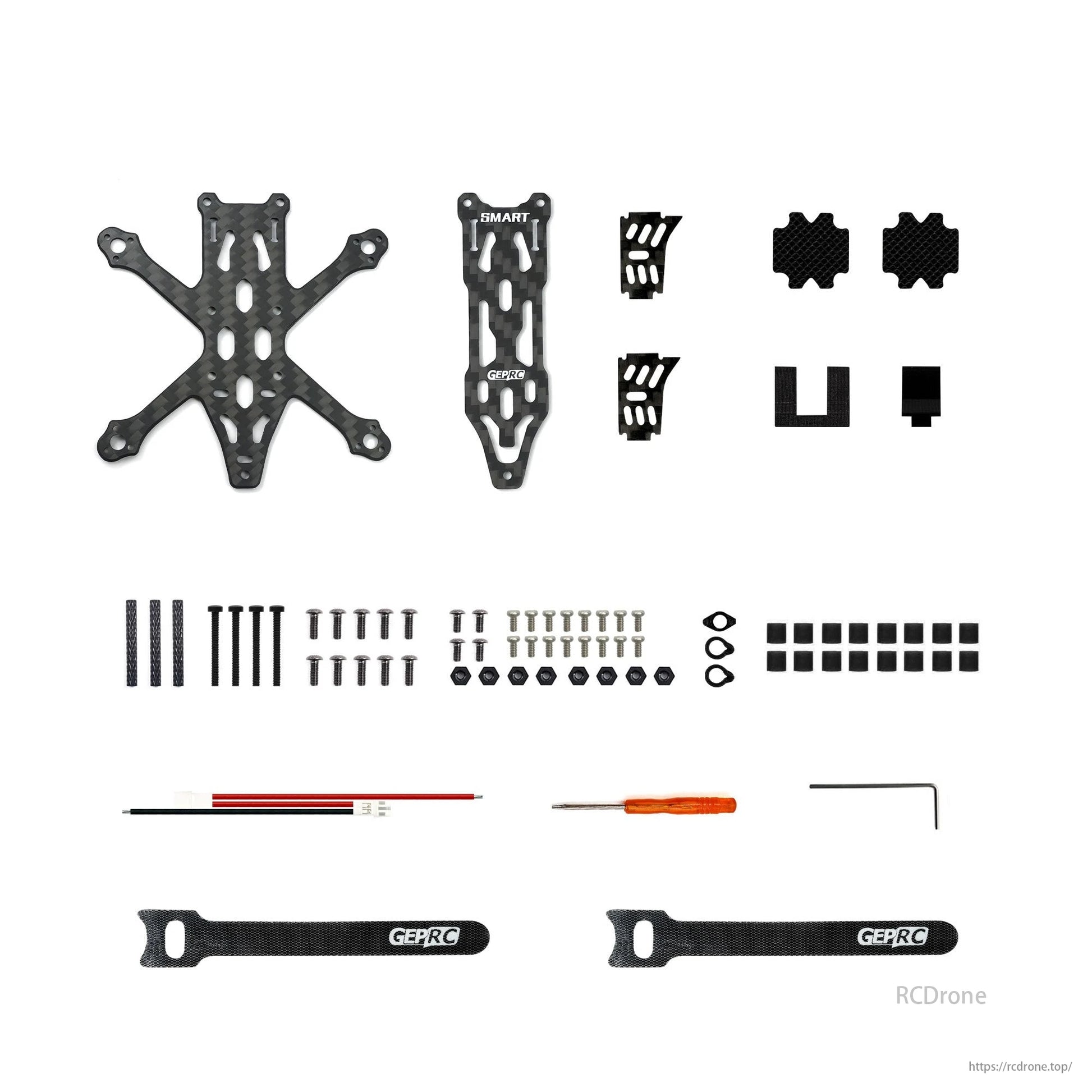 GEPRC GEP-ST16  78mm Wheelbase 1.6 Inch FPV Frame, The GEPRC GEP-ST16 FPV frame components include carbon fiber main plate, brackets, screws, bolts, zip ties, and tools for assembly.