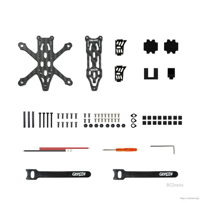 GEPRC GEP-ST16  78mm Wheelbase 1.6 Inch FPV Frame, The GEPRC GEP-ST16 FPV frame components include carbon fiber main plate, brackets, screws, bolts, zip ties, and tools for assembly.