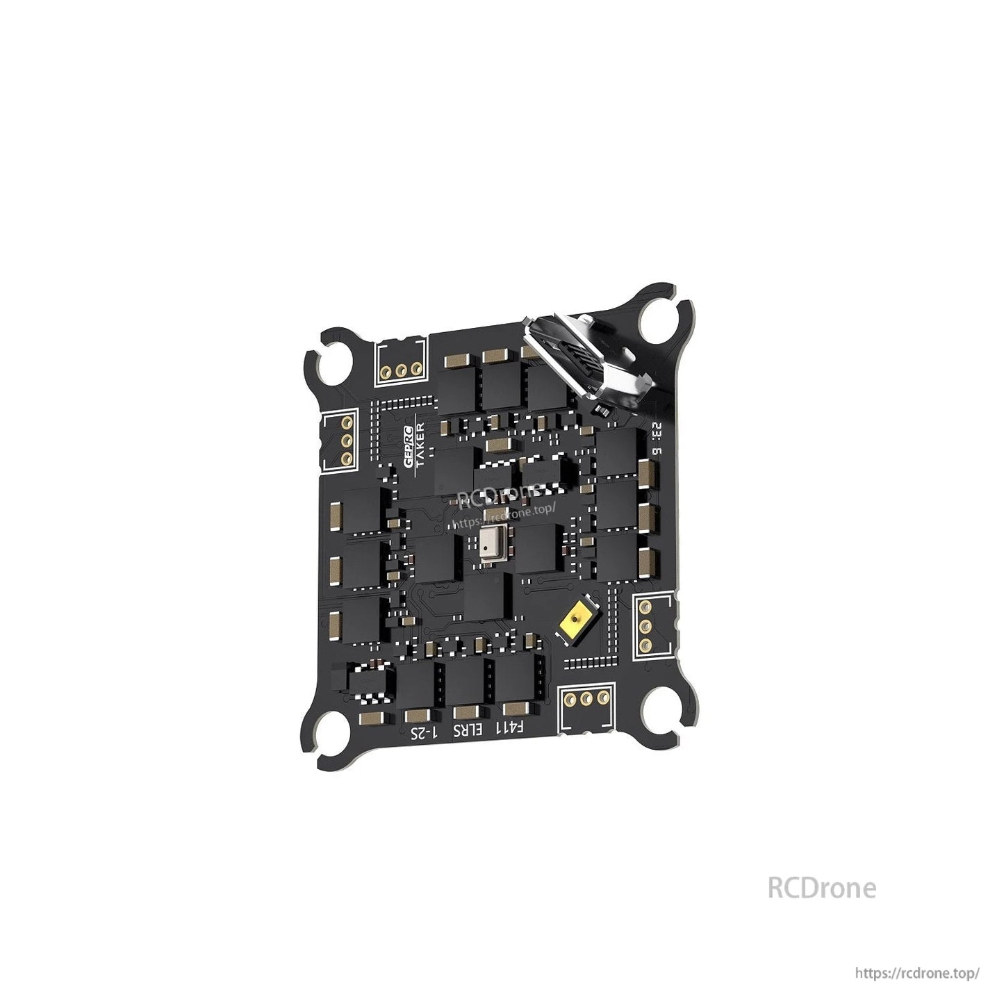 GEPRC GEP-TAKER F411 AIO flight controller board with 12A ESC, 30.5mm mounting holes and solder pads