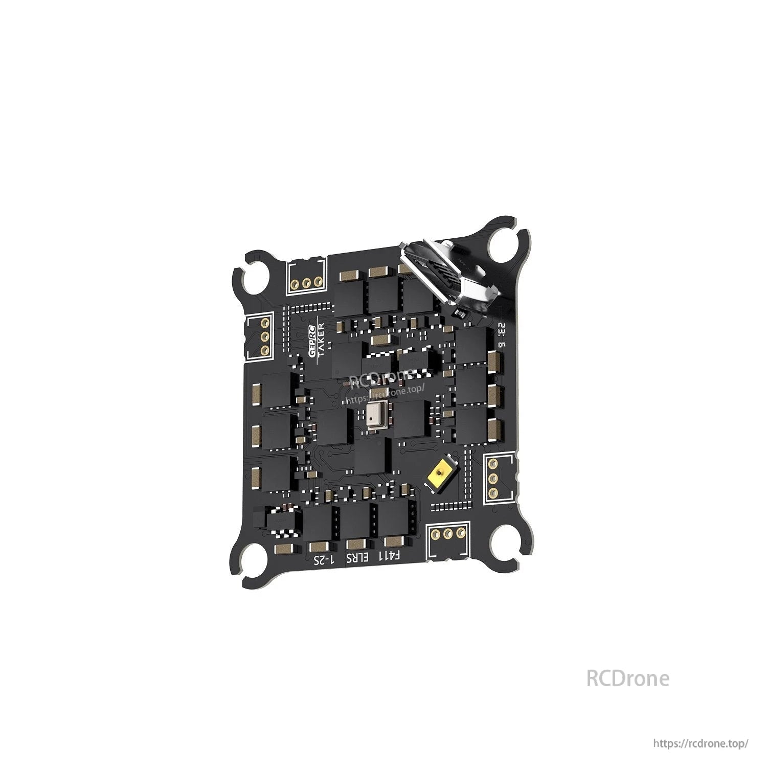 GEPRC GEP-TAKER F411 AIO flight controller board with 12A ESC, 30.5mm mounting holes and solder pads