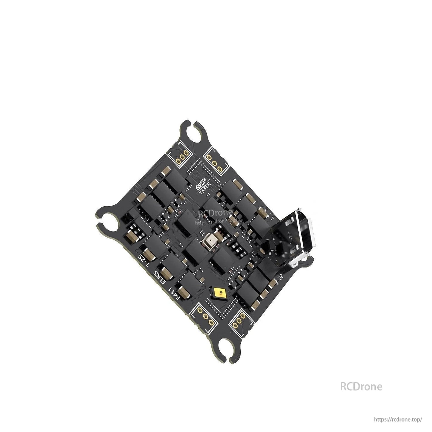 GEPRC GEP-TAKER F411 AIO flight controller board with integrated ESC, USB port, solder pads and mounting holes
