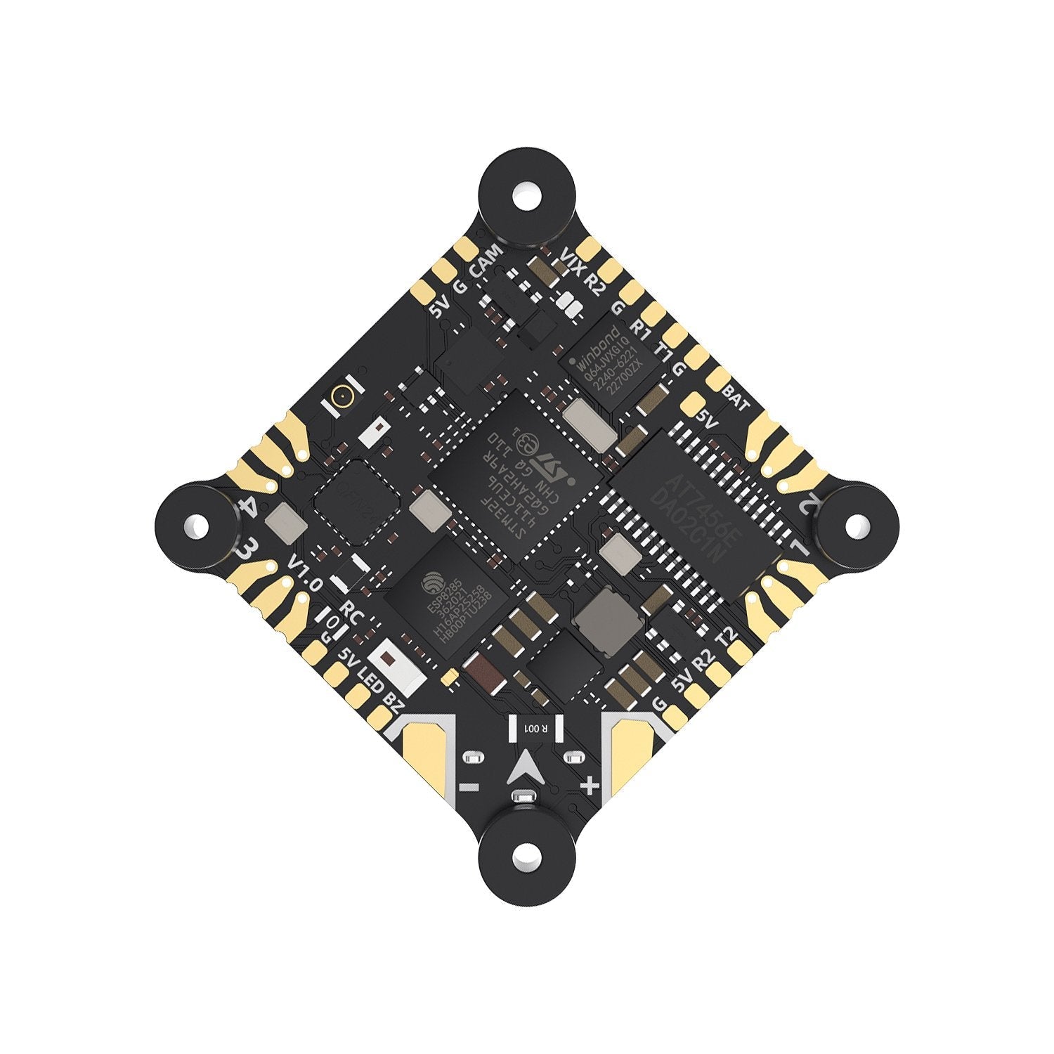 GEPRC GEP-TAKER F411 AIO flight controller board with 4 mounting holes and labeled solder pads for VTX, CAM, BAT and 5V