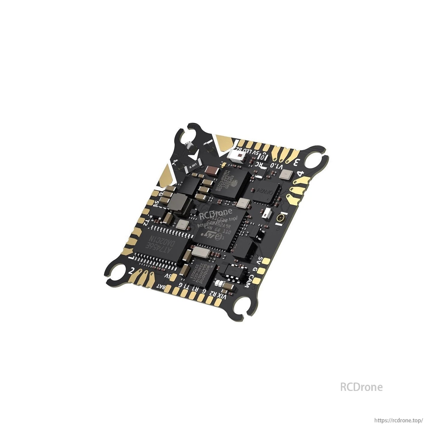 AIO FPV drone flight controller board with integrated ESC, 30.5mm mounting holes and labeled solder pads
