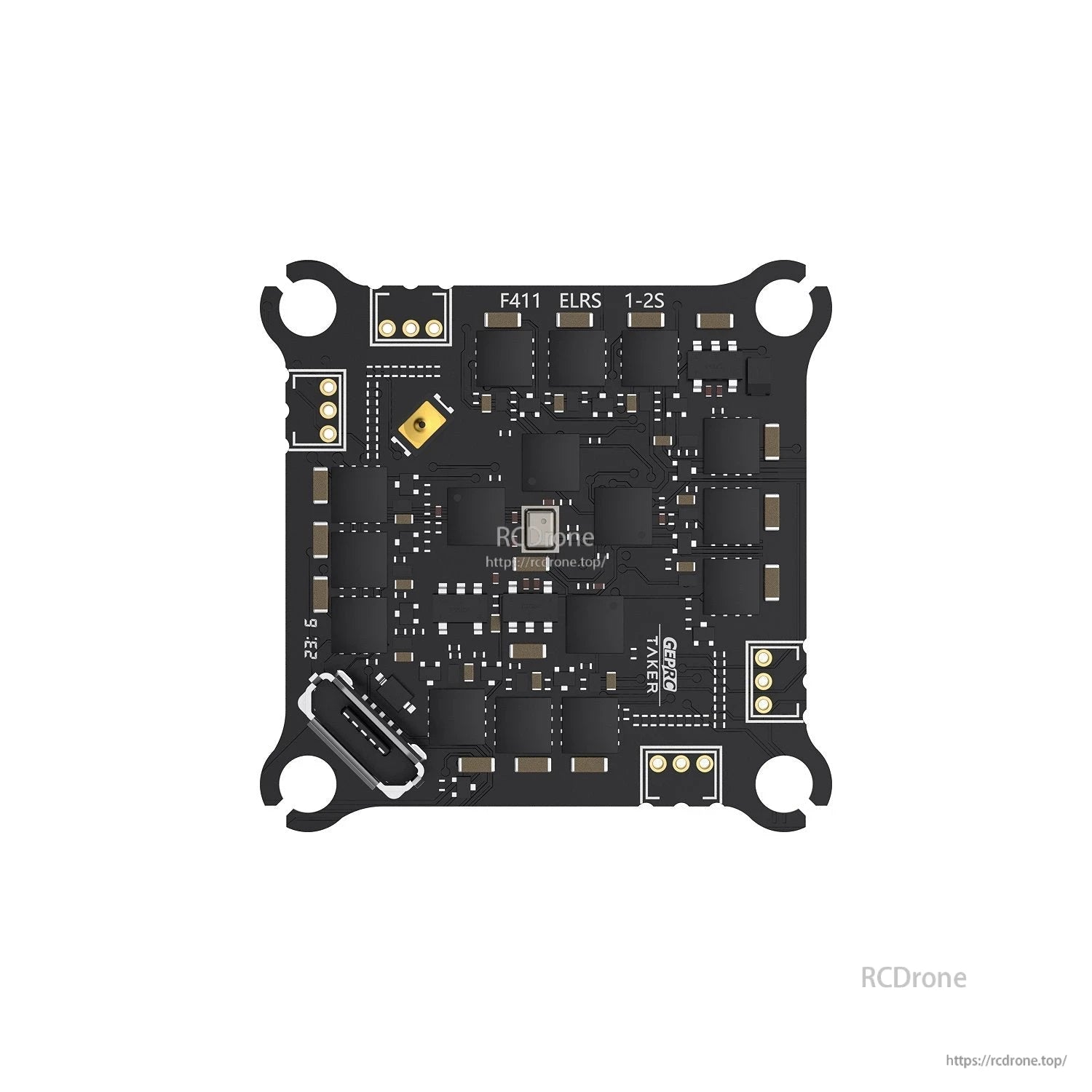 GEPRC TAKER F411 AIO flight controller board with ELRS, 1–2S marking, USB-C port and 30.5mm mounting holes