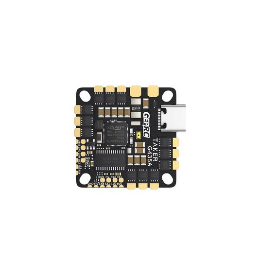 GEPRC GEP-TAKER G4 35A AIO flight controller board with USB-C port and labeled solder pads