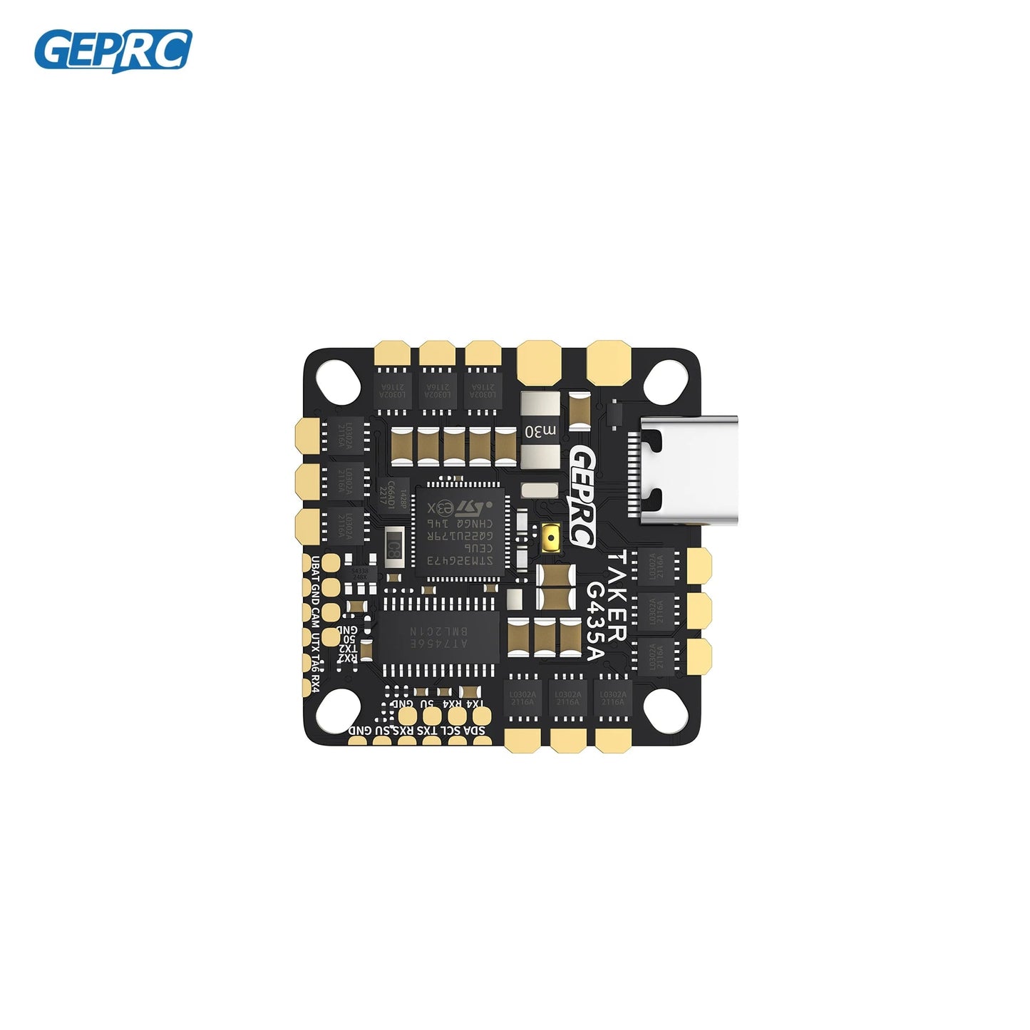 GEPRC GEP-TAKER G4 35A AIO Flight Controller, GEPRC TAKER G4 35A AIO flight controller board with USB-C port, four mounting holes, and labeled solder pads