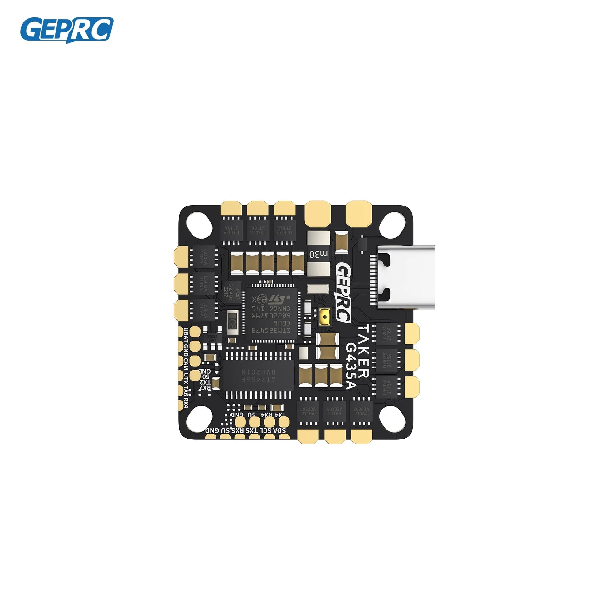 GEPRC GEP-TAKER G4 35A AIO Flight Controller, GEPRC TAKER G4 35A AIO flight controller board with USB-C port, four mounting holes, and labeled solder pads