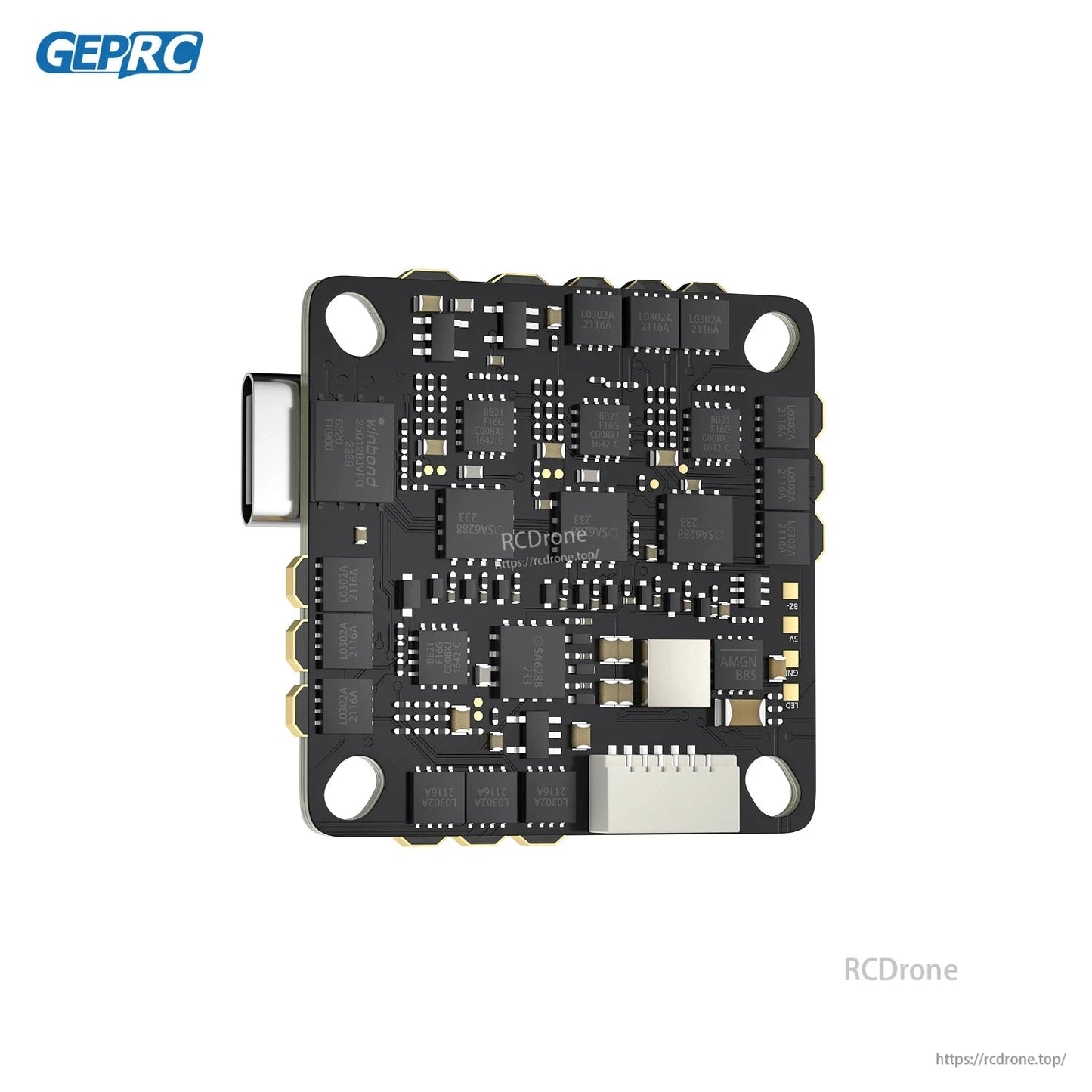 GEPRC GEP-TAKER G4 35A AIO Flight Controller, GEPRC GEP-TAKER G4 AIO flight controller board with USB-C port, 4 mounting holes, and solder pads