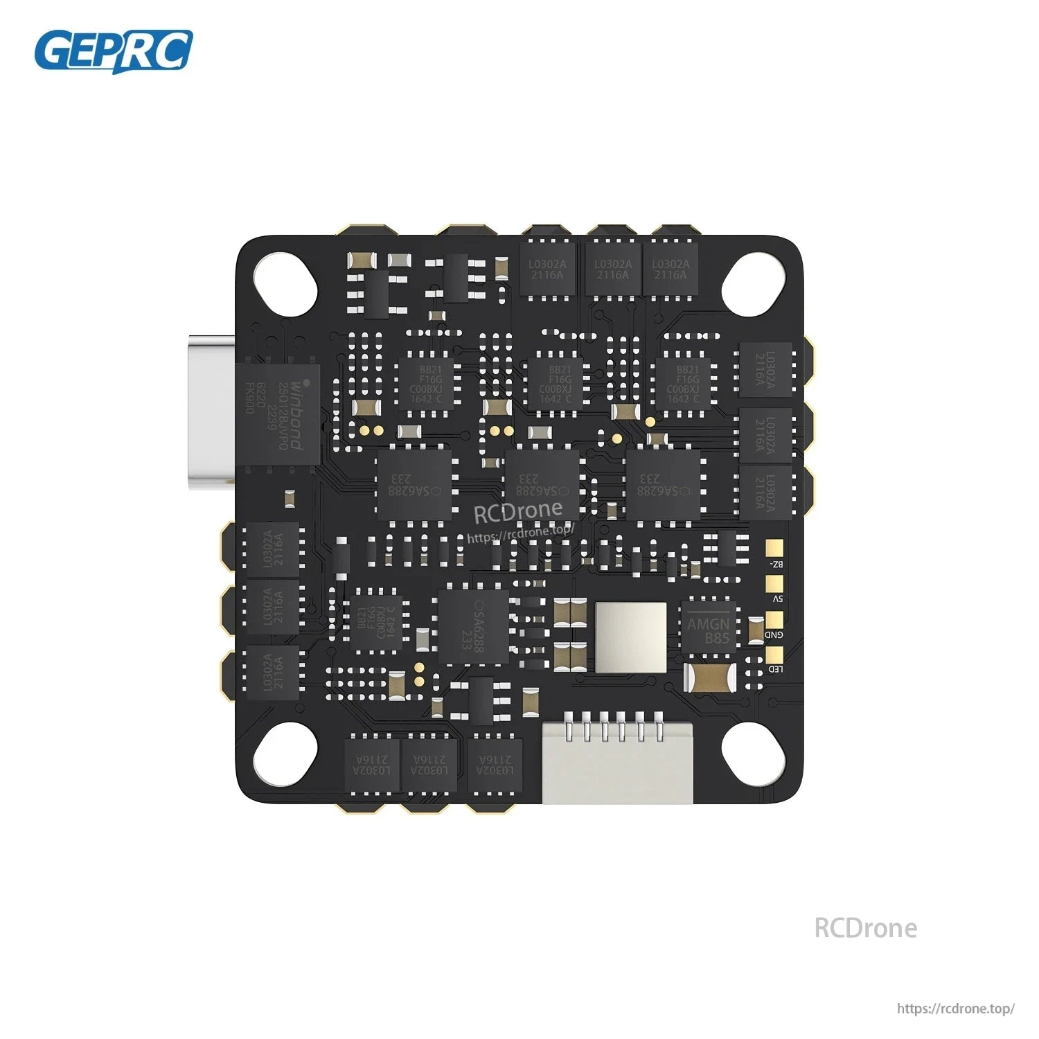 GEPRC GEP-TAKER G4 35A AIO Flight Controller, Top view of GEPRC GEP-TAKER G4 AIO flight controller board with USB-C port, mounting holes, and labeled pads.