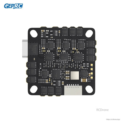 GEPRC GEP-TAKER G4 35A AIO Flight Controller, Top view of GEPRC GEP-TAKER G4 AIO flight controller board with USB-C port, mounting holes, and labeled pads.