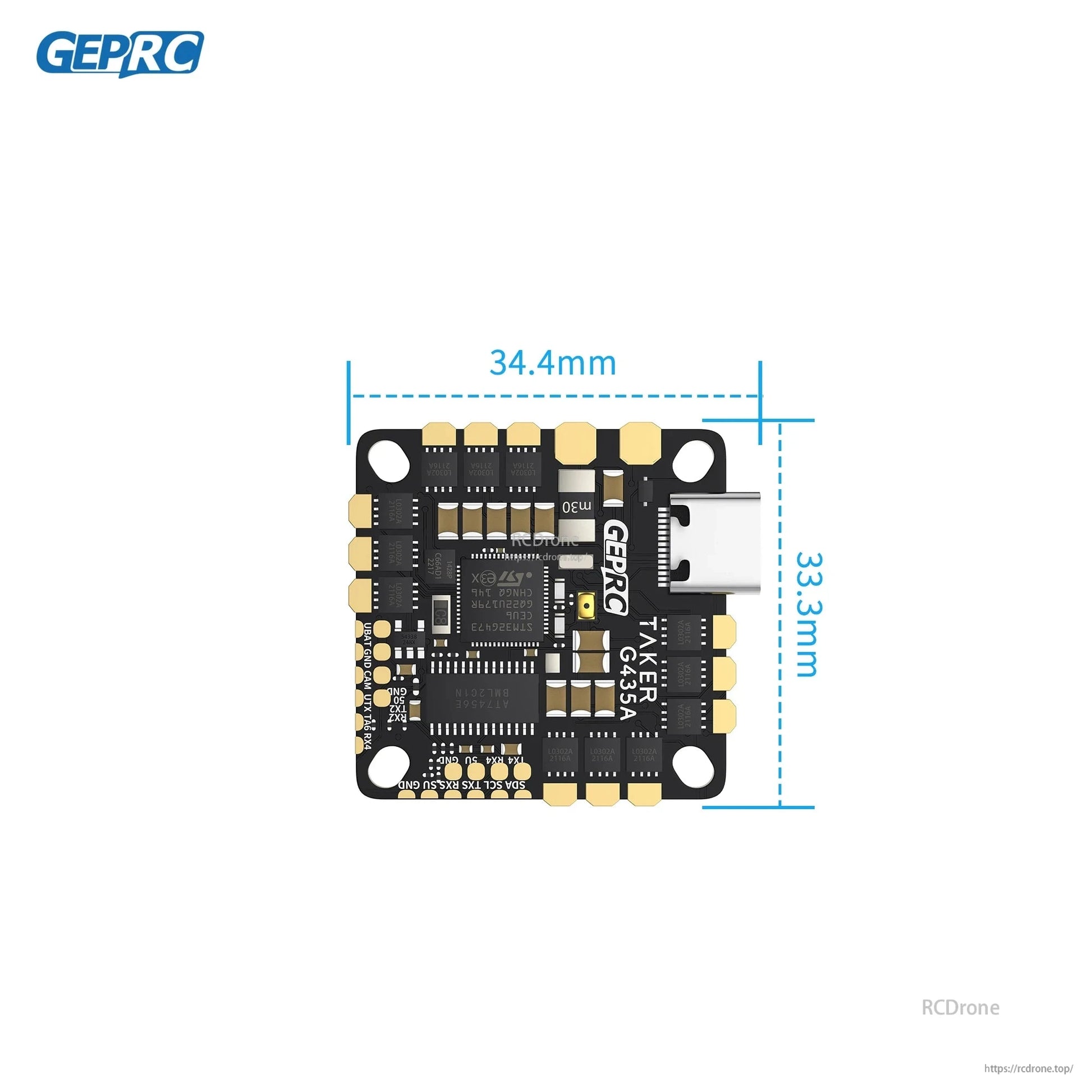 GEPRC GEP-TAKER G4 35A AIO Flight Controller, GEPRC TAKER G4 35A AIO flight controller board with USB-C port and 34.4 x 33.3 mm dimensions
