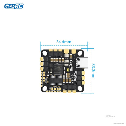 GEPRC GEP-TAKER G4 35A AIO Flight Controller, GEPRC TAKER G4 35A AIO flight controller board with USB-C port and 34.4 x 33.3 mm dimensions