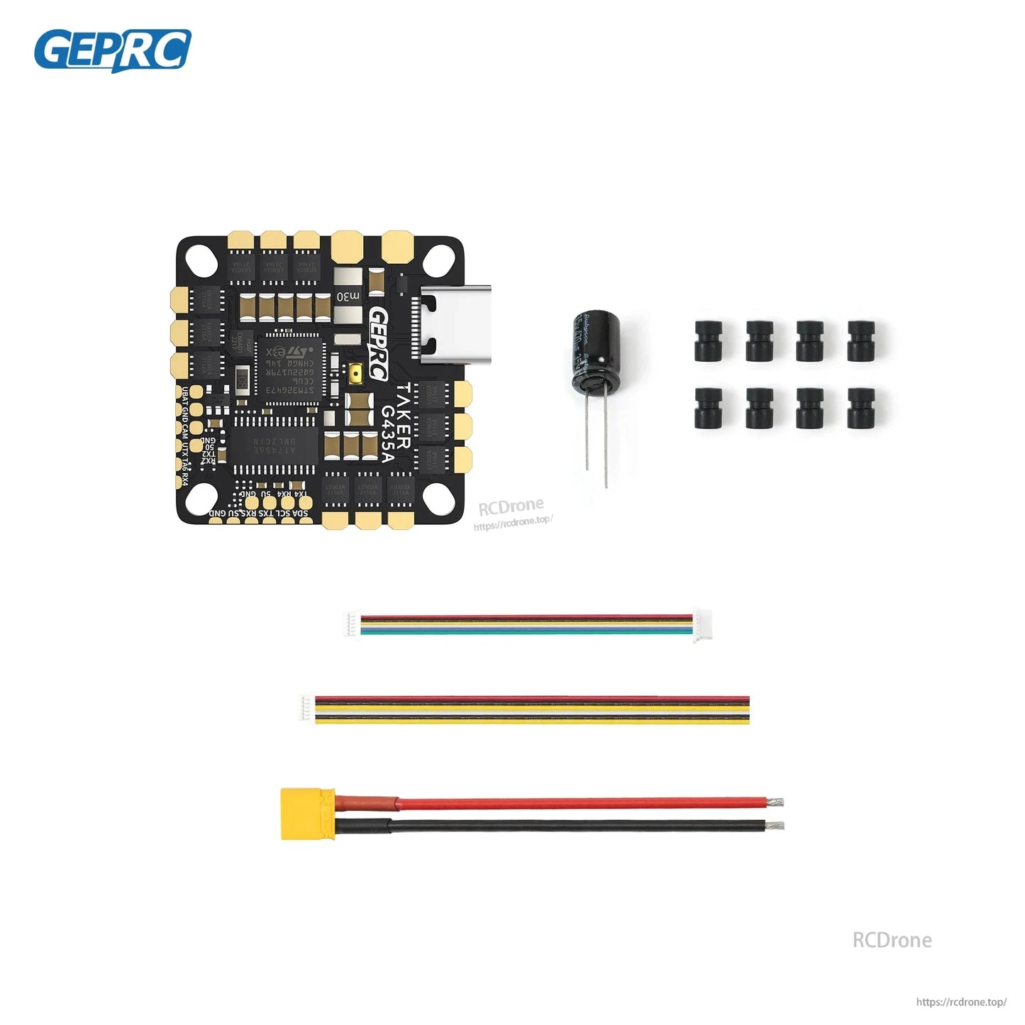 GEPRC GEP-TAKER G4 35A AIO Flight Controller, GEPRC TAKER G4 35A AIO flight controller board with USB-C port, capacitor, gummies, and wiring harnesses