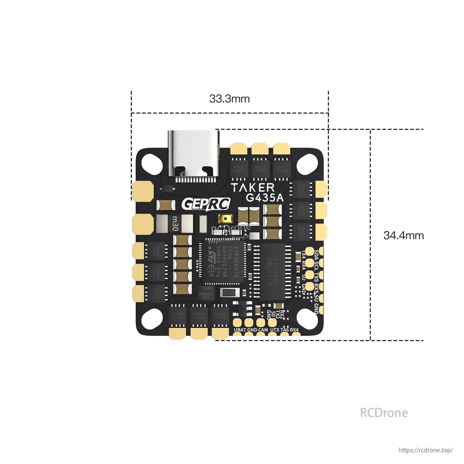 GEPRC GEP-TAKER G4 35A AIO Flight Controller, GEPRC TAKER G435A AIO flight controller board with USB-C port, solder pads, and 33.3 x 34.4 mm dimensions