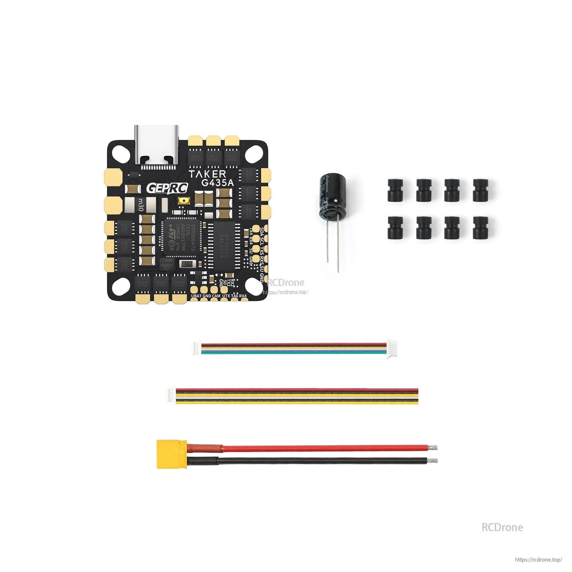 GEPRC GEP-TAKER G4 35A AIO Flight Controller, GEPRC TAKER G4 35A AIO flight controller board with USB-C port, capacitor, soft mounts, and wiring harnesses