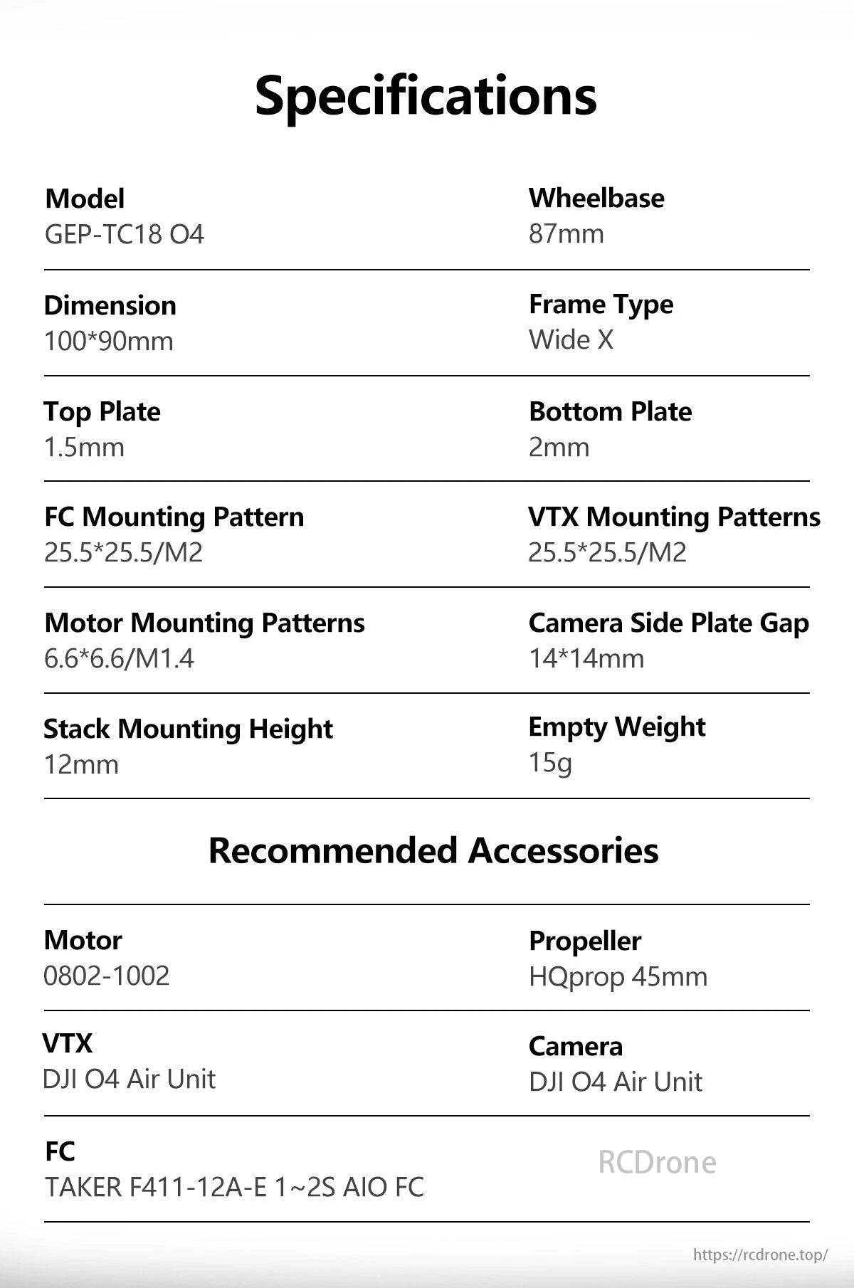 GEPRC GEP-TC18 FPV Drone, GEPRC GEP-TC18 O4 HD FPV drone frame, 87mm wheelbase, supports FC/VTX/motors, fits DJI O4 Air Unit, TAKER FC, HQprop. Lightweight, compact, versatile build at 15g.