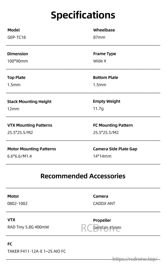 GEPRC GEP-TC18 FPV Frame, The GEPRC GEP-TC18 is a 1.8-inch FPV frame with an 87mm wheelbase, Wide X design, weighing 11.7g, supporting specific motors, cameras, and accessories.