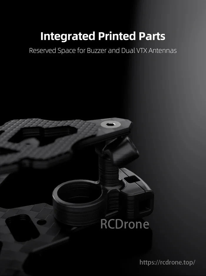 GEPRC GEP-TC18 FPV frame features printed design, buzzer space, dual VTX antennas, 87mm wheelbase, and 1.8-inch size.