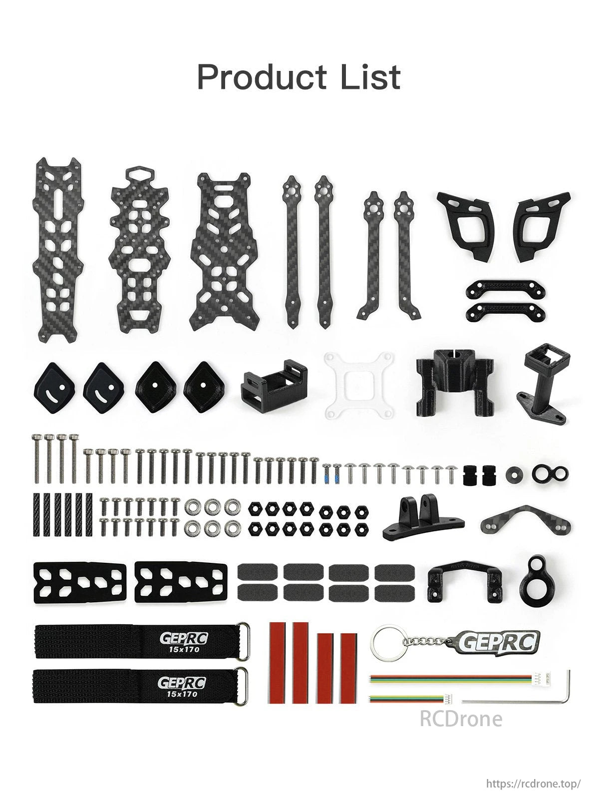 GEPRC Tern LR FPV Drone, GEPRC GEP-Tern-LR40 FPV Drone Frame product list includes carbon fiber plates, brackets, screws, nuts, bolts, straps, and accessories.