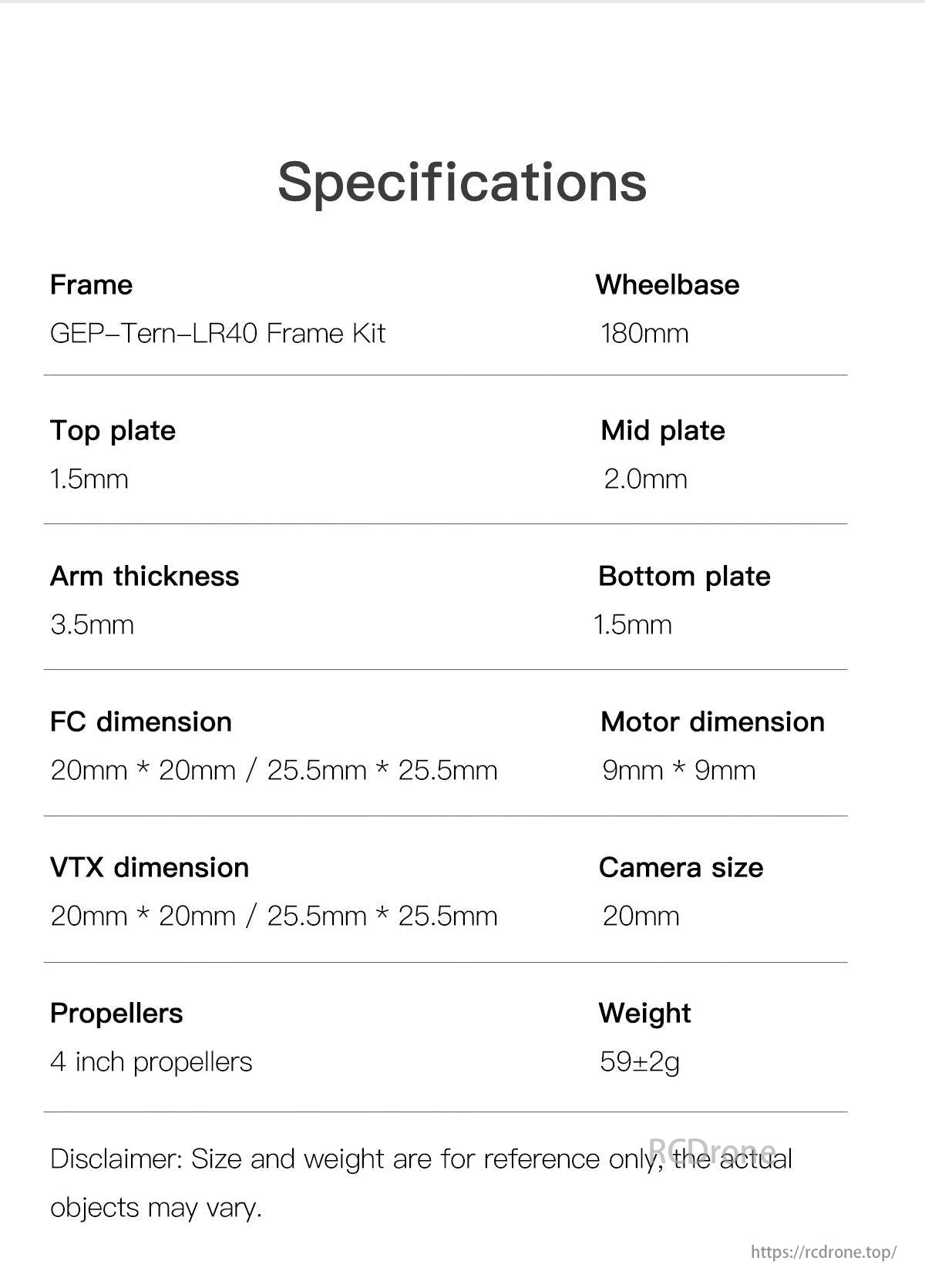 GEPRC Tern LR FPV Drone, GEPRC GEP-Tern-LR40 FPV Drone Frame specs: 180mm wheelbase, 4-inch propellers, various plate thicknesses, motor/FC/VTX dimensions, 20mm camera, weighs 59+2g (approx.).