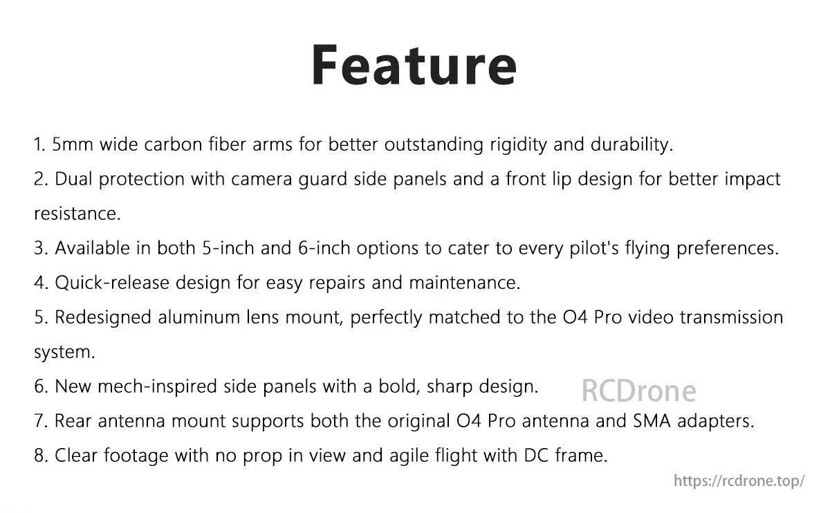 GEP-Vapor-D O4 Pro FPV Drone, GEPRC GEP-Vapor-D O4 Pro D5/D6 FPV drone frame features 5mm carbon fiber arms, dual protection, quick-release, aluminum lens mount, mech side panels, and rear antenna support for clear footage and agile flight.