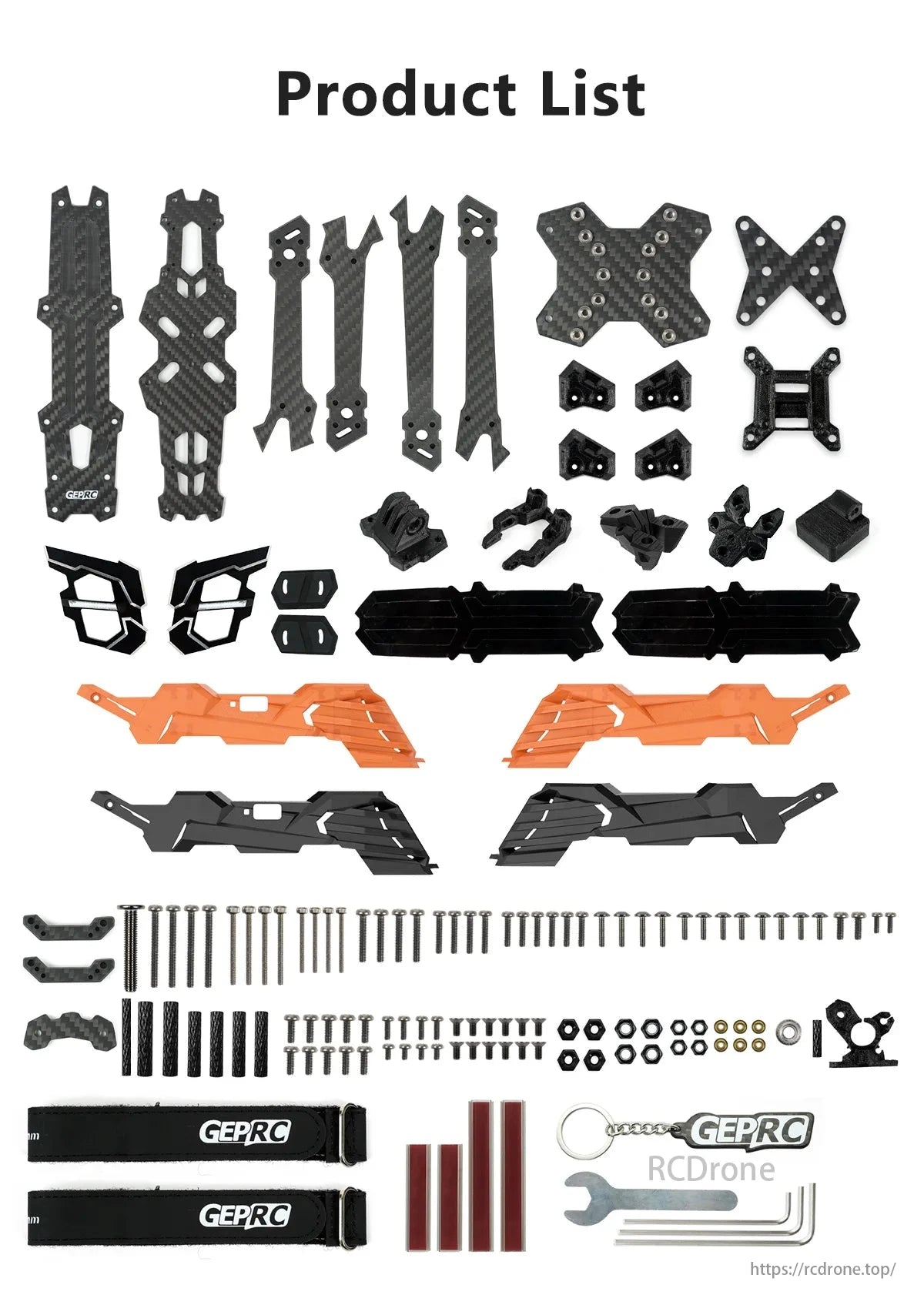 GEP-Vapor-D O4 Pro FPV Drone, GEPRC GEP-Vapor-D O4 Pro D5 FPV Drone Frame product list: carbon fiber parts, screws, bolts, tools; branded "GEPRC".
