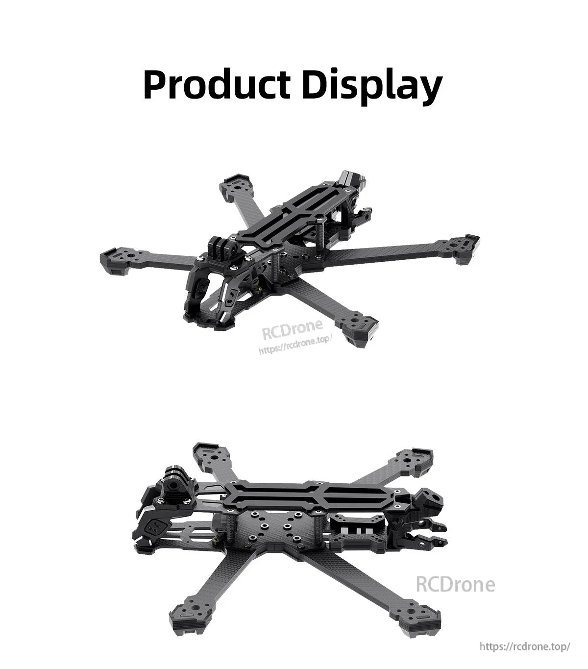 GEPRC GEP-Vapor-D5 FPV Frame, GEPRC GEP-Vapor-D5 FPV drone frame kit with carbon fiber arms, camera mount, and top/bottom views