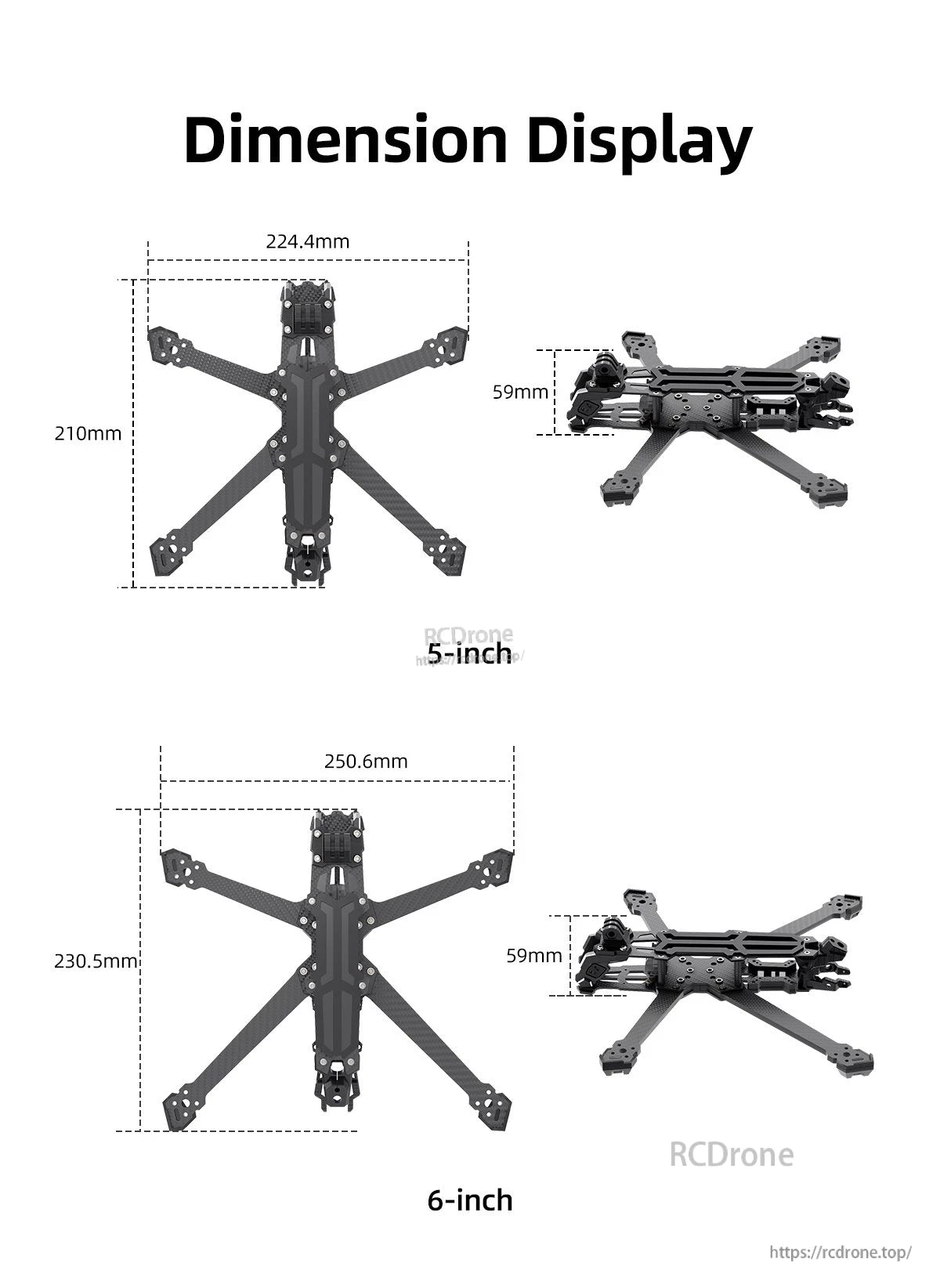 GEPRC GEP-Vapor-D5 FPV frame dimension diagram showing 5-inch and 6-inch layouts and 59mm height