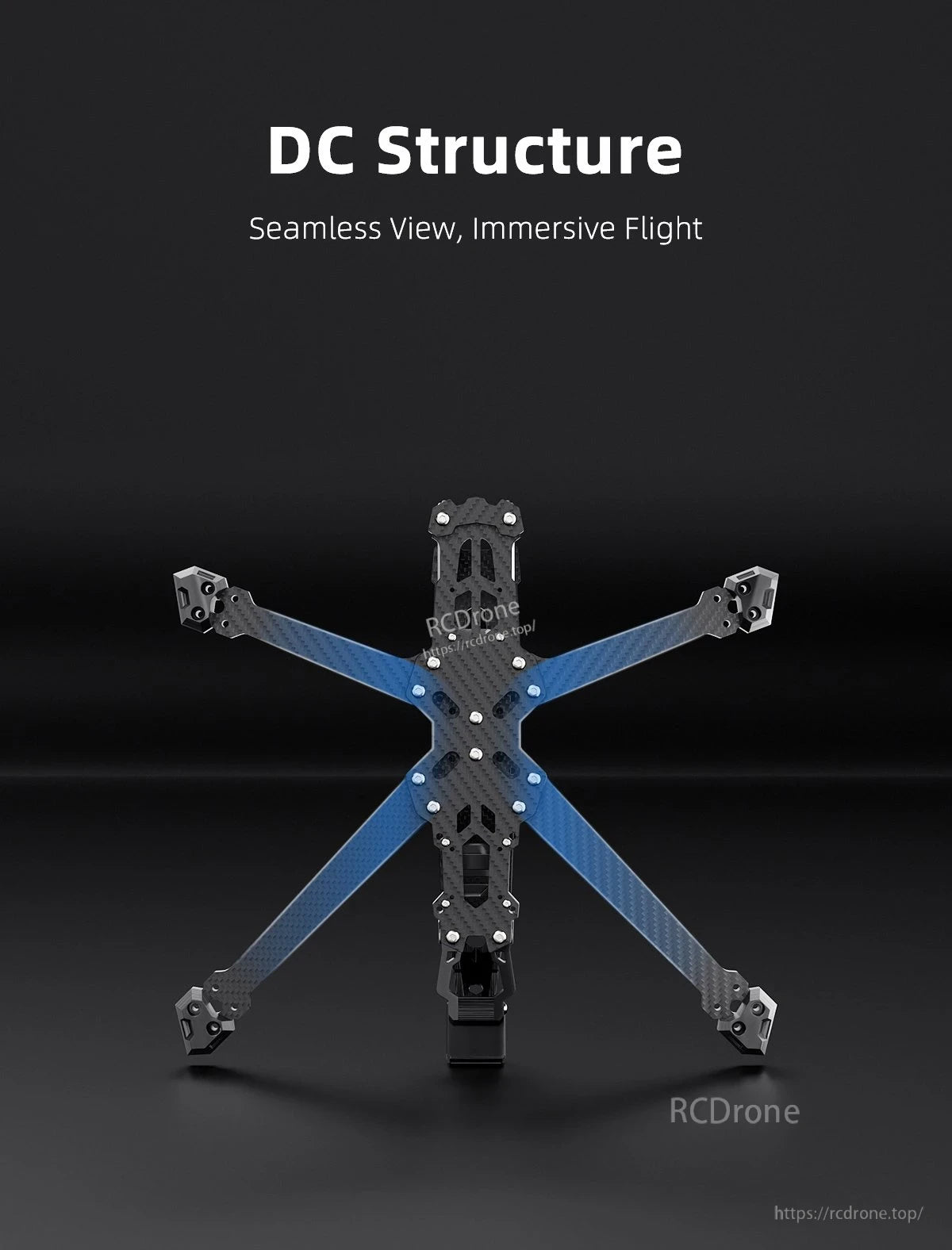 GEPRC GEP-Vapor-D5 FPV Frame, Top-down view of the GEPRC GEP-Vapor-D5 FPV quadcopter frame with blue carbon fiber arms and motor mounts