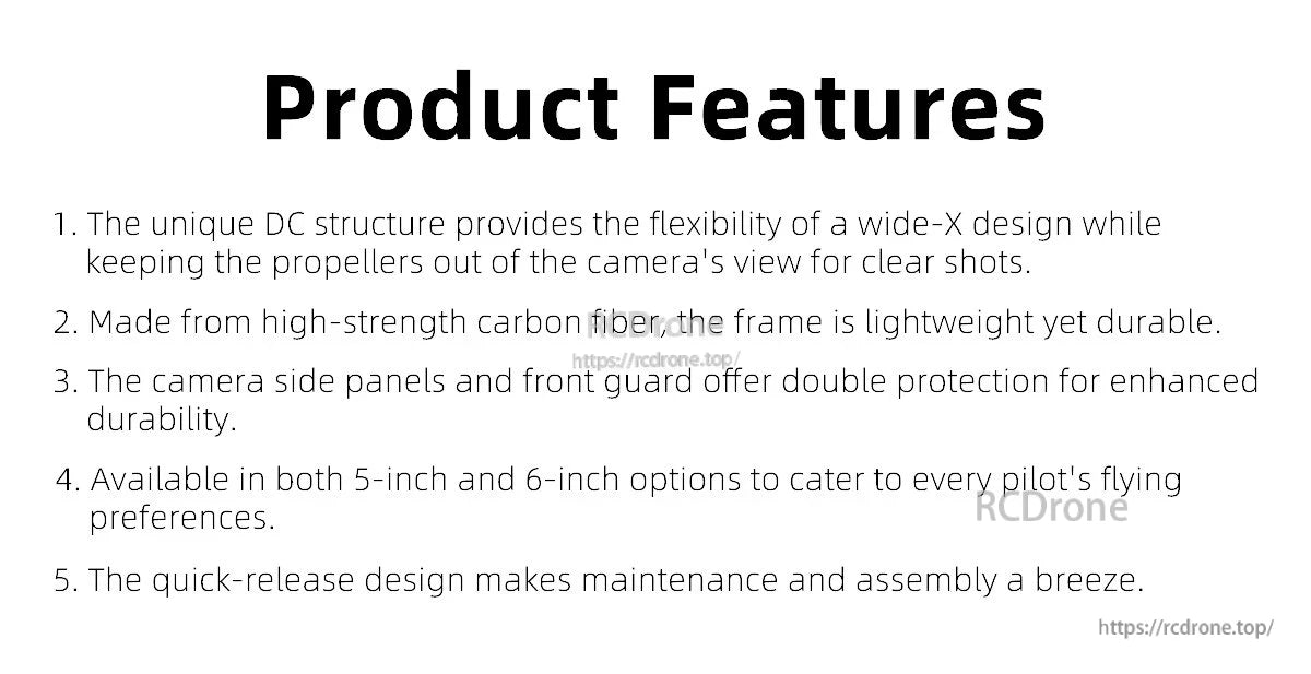 Product features list for GEPRC GEP-Vapor-D5 FPV frame, noting wide-X DC structure, carbon fiber build, and quick-release design