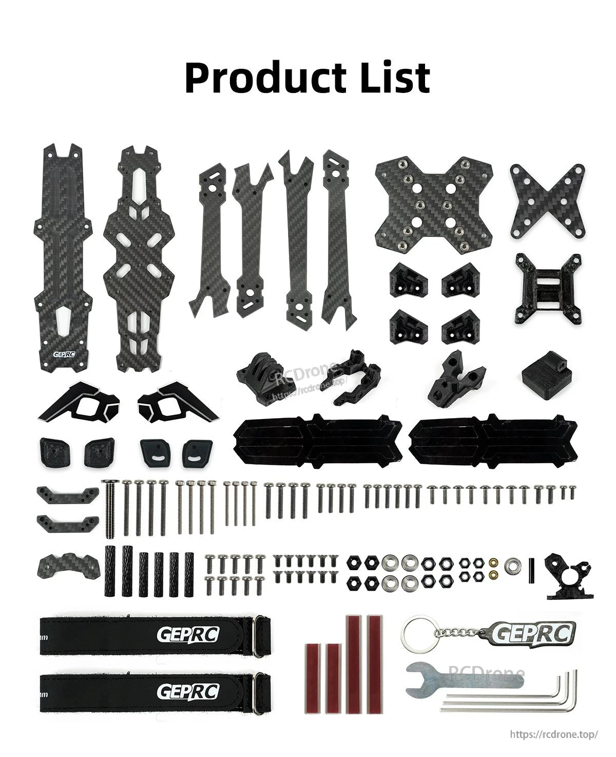 GEPRC GEP-Vapor-D5 FPV frame kit layout with carbon fiber plates and arms, mounts, screws, battery straps, and tools