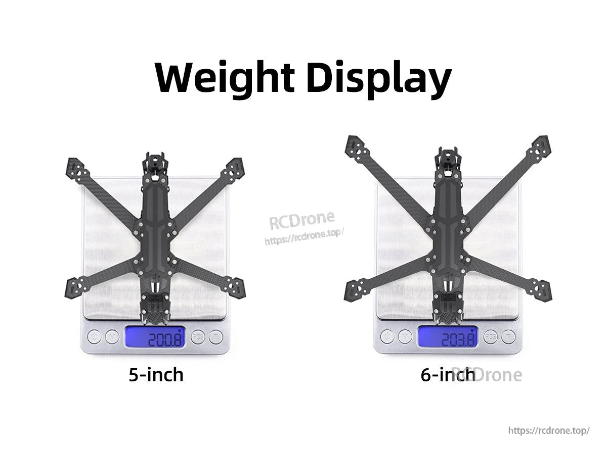 GEPRC GEP-Vapor-D5 FPV frame on a digital scale showing 5-inch 200.8g and 6-inch 203.8g weights
