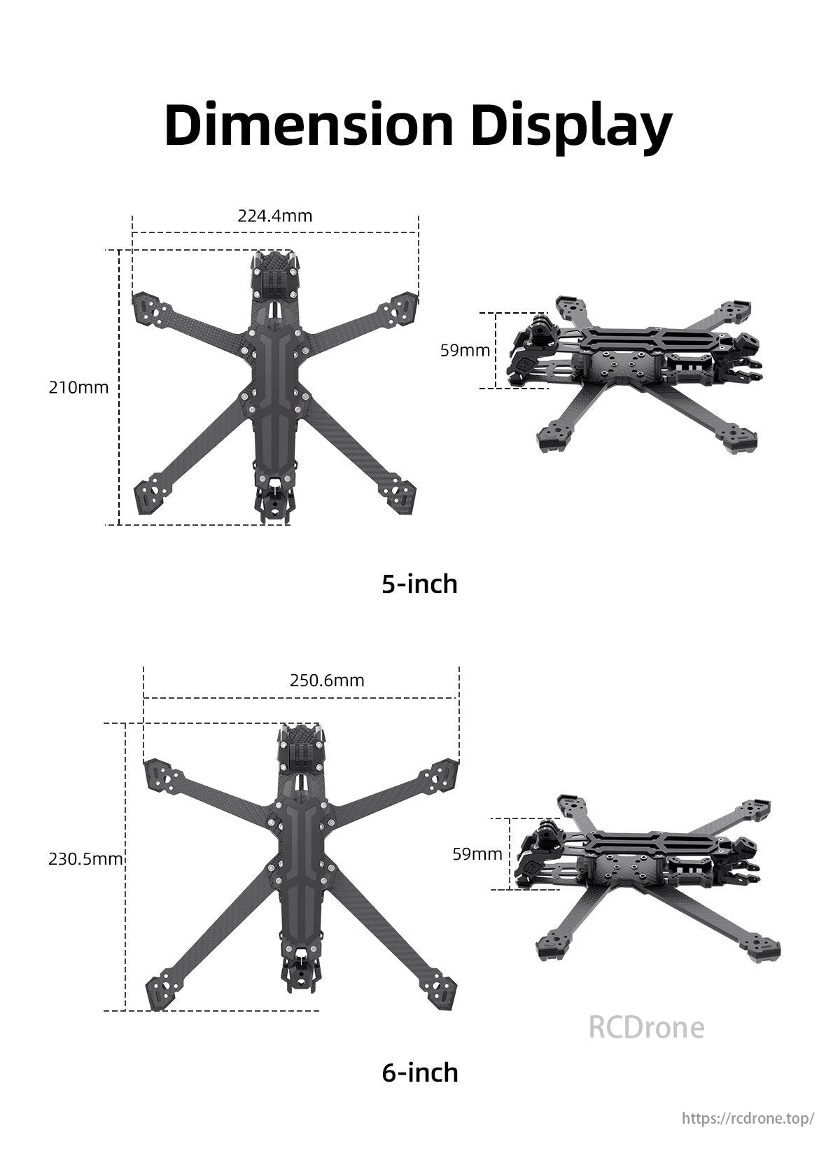 GEP Vapor D6 Drone Frame, The GEPRC GEP-Vapor-D6 drone frame dimensions, with a 275mm wheelbase for the 6-inch FPV version, and measurements for 5-inch and 6-inch sizes, are displayed.