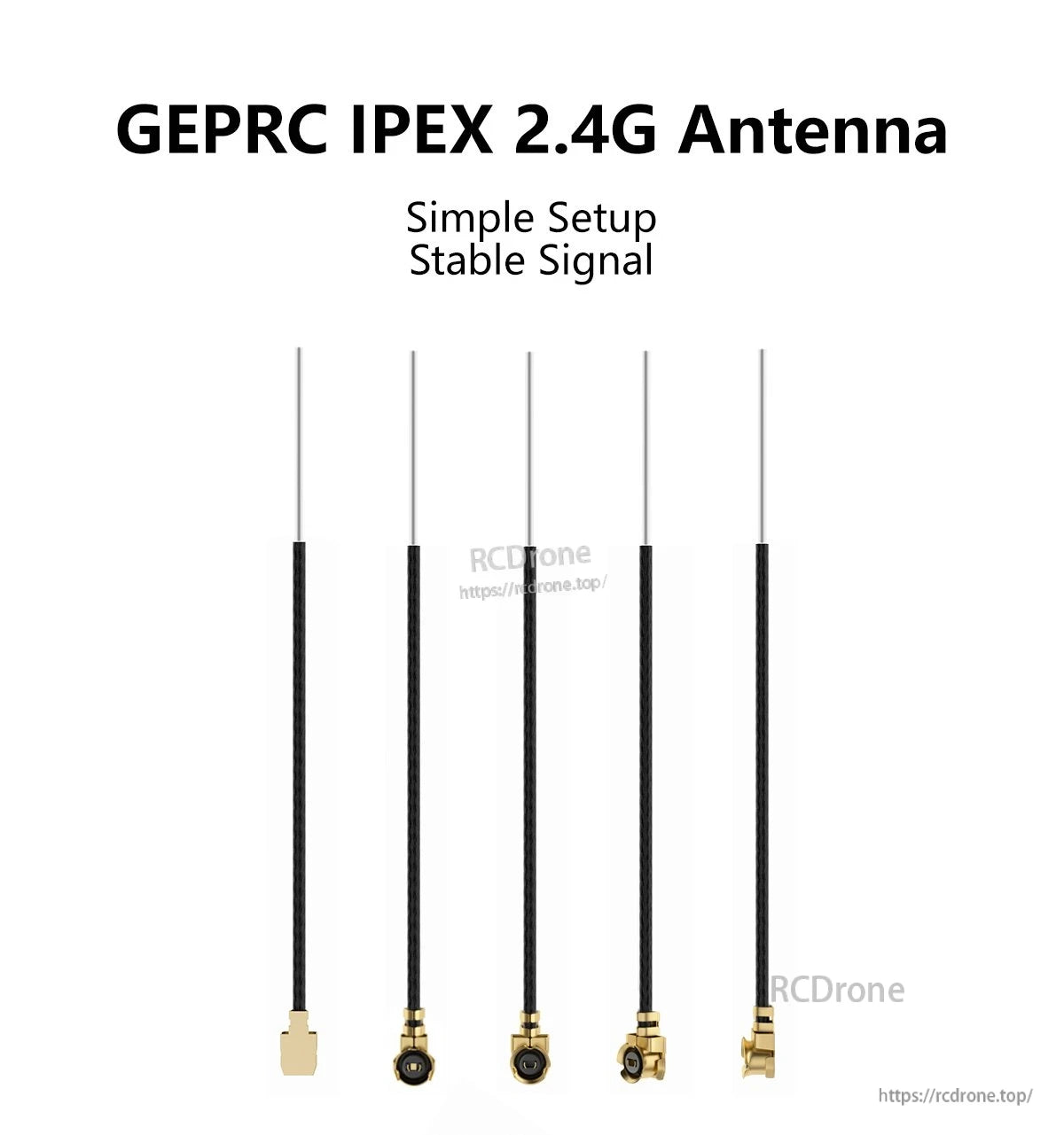 GEPRC IPEX 2.4G Antenna, GEPRC 2.4G IPEX antenna with black coax lead and gold micro connector, shown in multiple connector angles