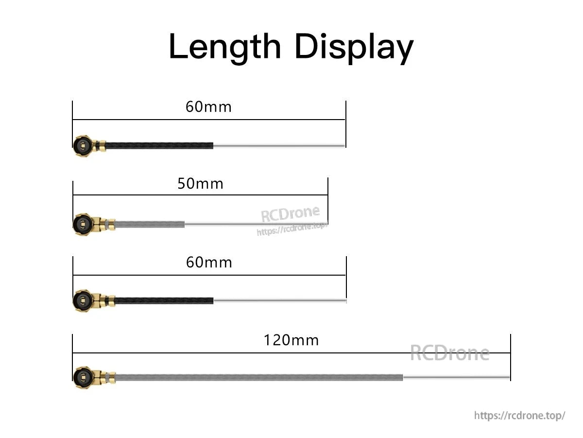 GEPRC IPEX 2.4G antenna length display with IPEX connector and cable options labeled 50mm, 60mm, and 120mm