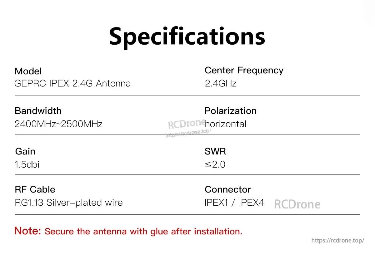 GEPRC IPEX 2.4G antenna specifications listing 2.4GHz center frequency, 2400–2500MHz bandwidth and IPEX1/IPEX4 connector