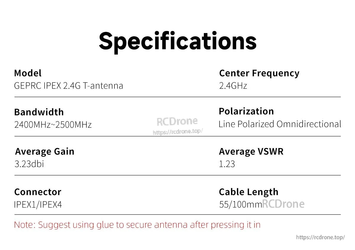 GEPRC IPEX T-Antenna, GEPRC 2.4GHz T-antenna: 3.23dBi gain, IPEX1/4 connectors, 55/100mm cable; secure with glue after installation.