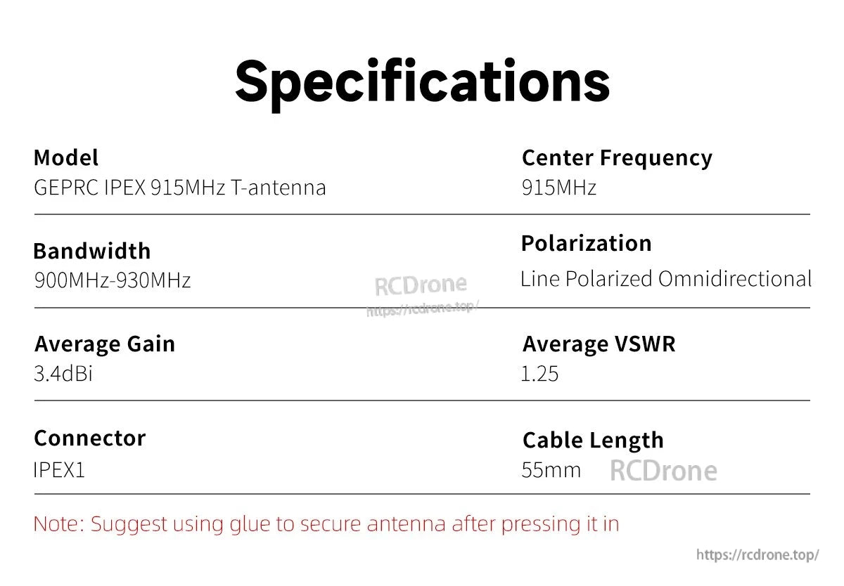 GEPRC IPEX T-Antenna, GEPRC IPEX 915MHz T-antenna: 3.4dBi gain, omnidirectional, 900–930MHz, IPEX1, 55mm cable, requires glue after insertion.