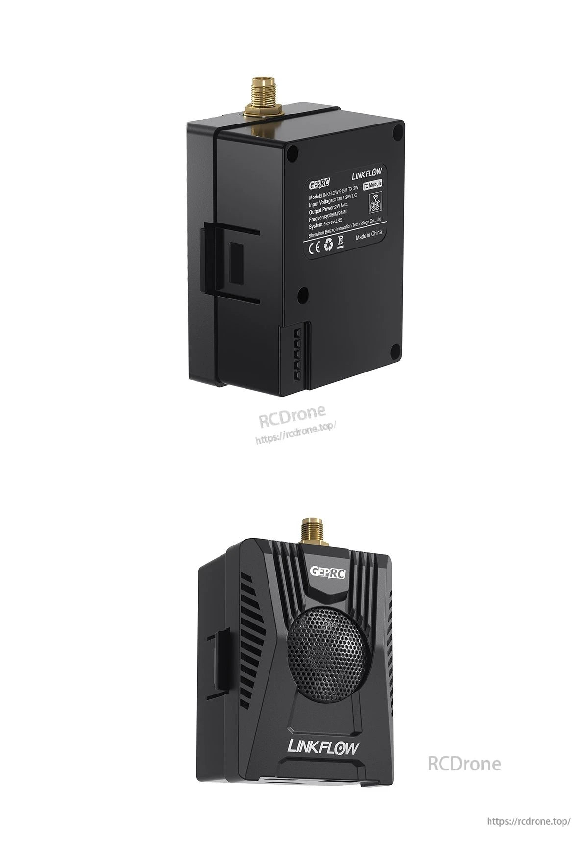 GEPRC LINKFLOW 915M ExpressLRS JR bay TX module with top SMA antenna connector and front cooling fan grille