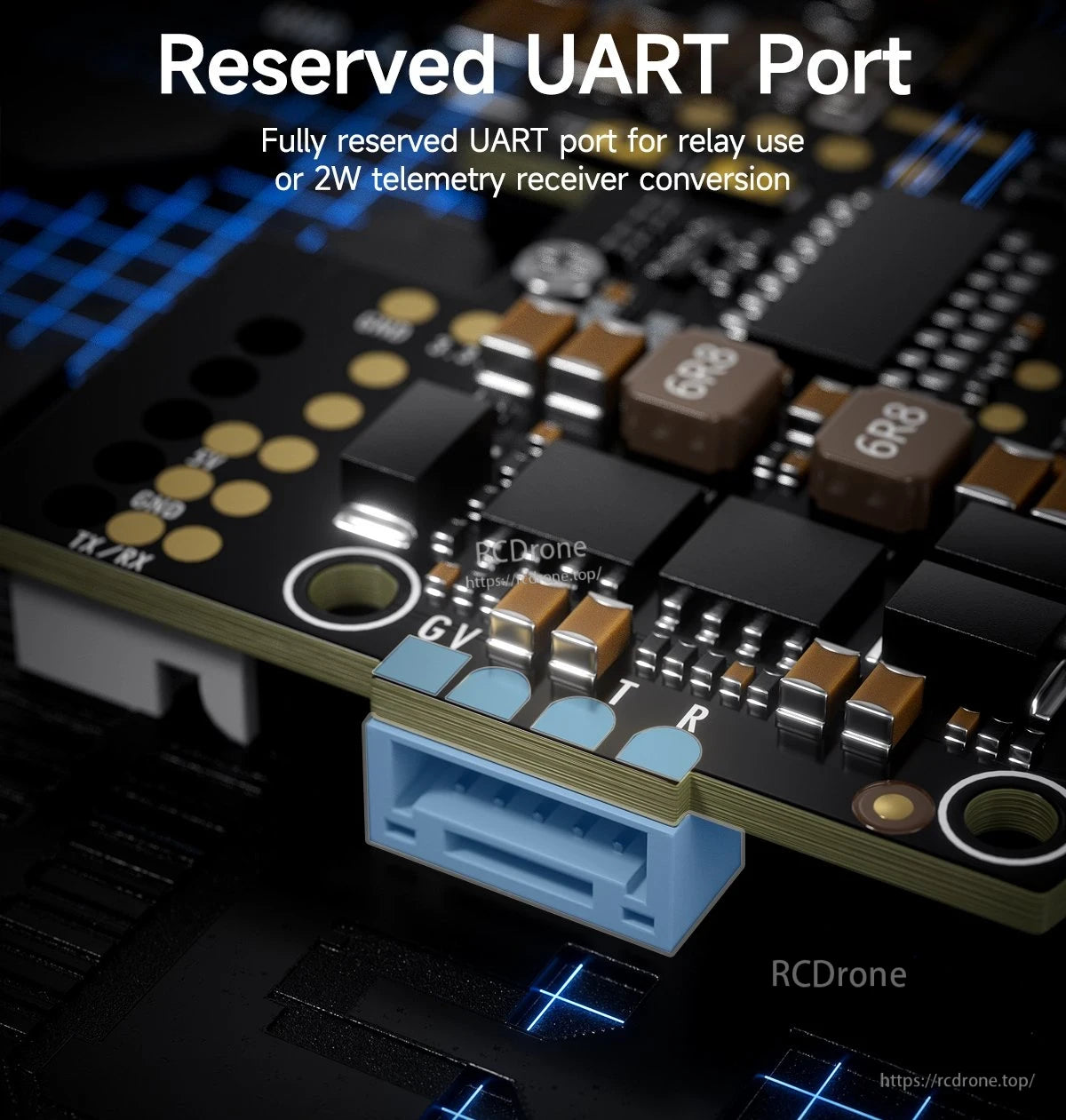 Close-up of GEPRC LINKFLOW ExpressLRS TX module PCB showing reserved UART port connector labeled GV, T and R
